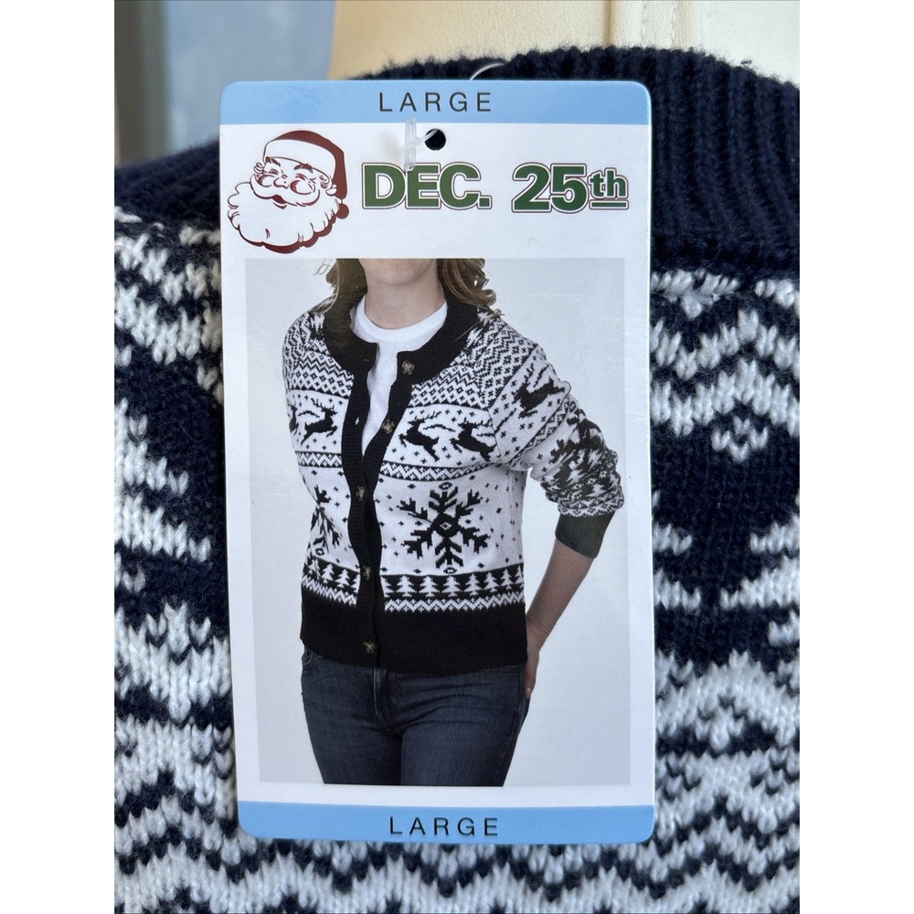 Dec. 25th Women's L NWT White Navy Snowflake Deer LS Button Up Knit Cardigan - Picture 10 of 15